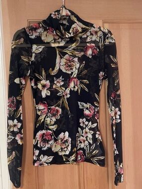 RACHEL Rachel Roy Black Floral Mesh Turtleneck Long-Sleeve Top